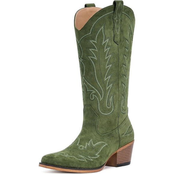 Women Green Faux Suede Snip Toe Chunky Block Heel Embroidered Western Boot - Picture 2 of 6